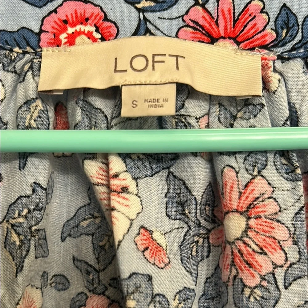 LOFT Blue and Red Puff Sleeve Tie Front Blouse